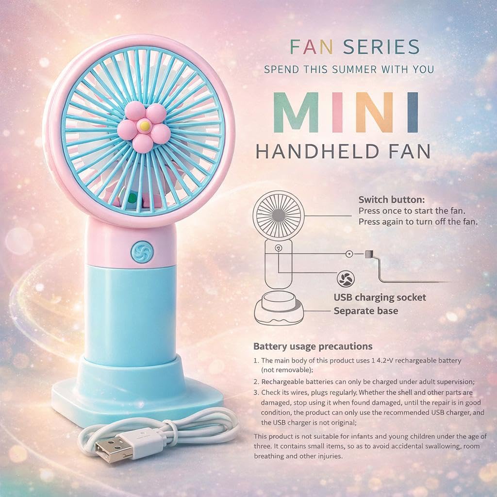 Korean Style Portable Rechargeable Mini Fan Pack of 2 USB Personal Cooling Fan with Battery Pocket Size Travel