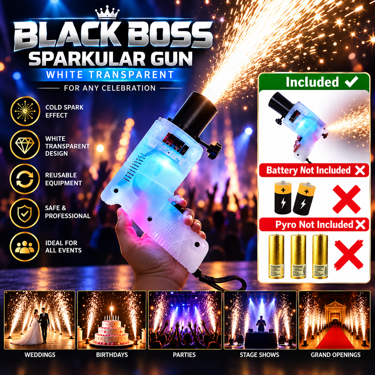 PYRO Sparkular Gun – White Transparent | Cold Spark Effect Gun for Celebrations